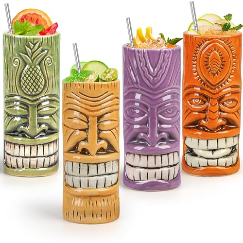 Tiki-Tassen-Set, Keramik-Tiki-Hawaii-Partybecher, kreatives Tiki-Gläser-Set, Tiki-Bar-Tassen für Cocktailgläser, hochwertige tropische Tassen, Getränke für exotische Partys (4 Stück)