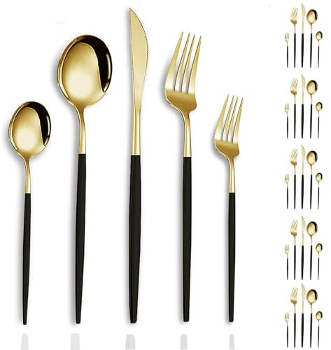 30 Teiliges Edelstahl Besteckset Gold, Goldenes Besteck Set für 6 Personen, Elegantes Essbesteck Set mit Messer Gabel Löffel,Tafelbesteck for Party, Hotel, Hochzeit, hochwertige Rostfrei Glänzend