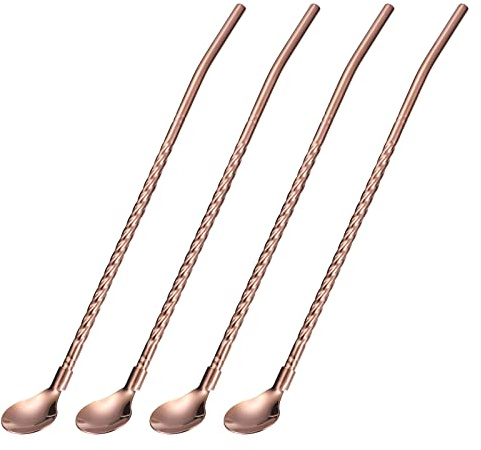uxcell Stainless Steel Spoon Straws, 4Pcs 8.6 Reusable Metal Long Handle Drinking Straws Spoon for Milkshake Drinks Cocktail, Rose Gold