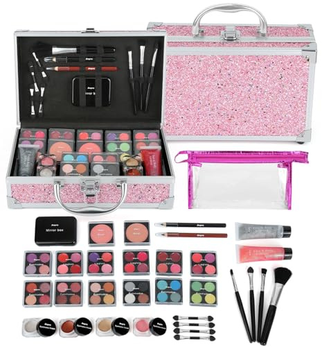 Anpro Veganes Hot Pink Schminkkoffer, Make Up Set für unterwegs mit Kosmetikpinsel, Lippenstift, Lidschattenpalette, Rouge, Glitzer-Gel in Rosa, lustiger Reise-Schminkkoffer für Mädchen