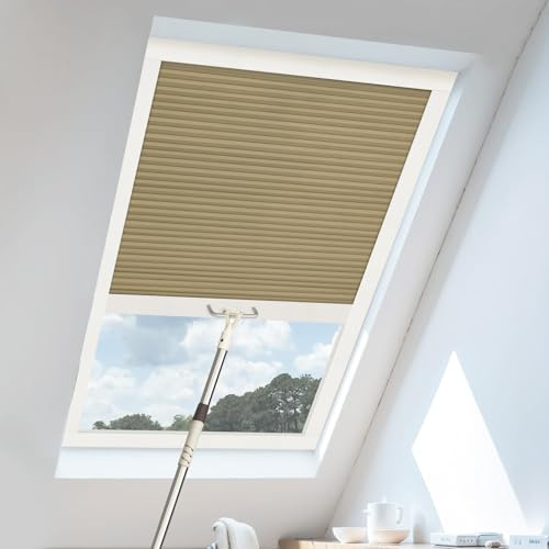 UrMoon Skylight Blinds for Roof Window, Easy Install Honeycomb Shades Cellular Blinds for Inclined Skylight Sun Room Windows (Blackout - Almond)