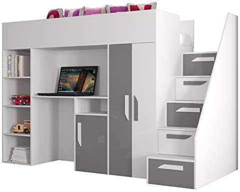 ABIKSMEBLE Party 14 Lit Mezzanine pour Enfant, Adolescent avec Espace de Rangement - Lit Superposé avec Bureau, Armoire, Bibliothèque et Marchepieds - 247 x 165 x 120 cm - Blanc, Gris