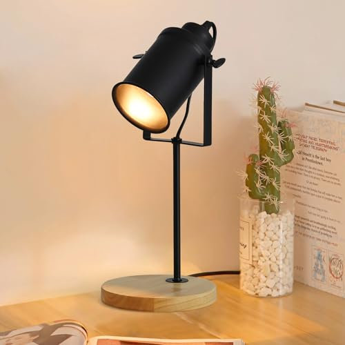 Dorlink Lampada da Tavolo E27 Vintage, Lampada da Scrivania Legno, Abat Jour da Comodino Nero, Lampada da Comodino Creativo, Luce Notturna per Camera, Sala Studio (Senza Bulbo)
