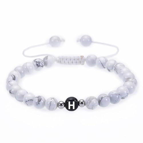 Wycian Armband Perlen 6Mm, Herren Armband zum Verstellen Magnesit Kristall Weiß Metalllegierung Verstellbare Perlen mit Buchstabe H 17cmx6mm 1er Naturstein