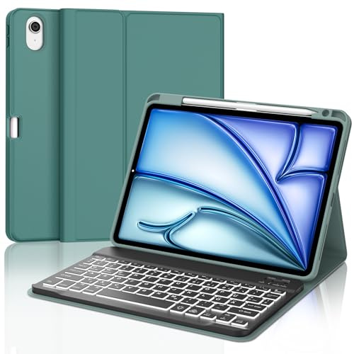 Tastatur für iPad Air 11” M4 2026/M3 2025/M2 2024, 7-Farbige Beleuchtung, Schutzhülle mit Stifthalter, Hülle Bluetooth Magnetisch QWERTZ Tastatur für iPad Air 11 Zoll 8./7./6. Gen M4/M3/M2, Dunkelgrün