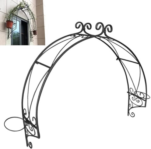 Wall Mounted Garden Trellis Arch, Metal Garden Arbor for Climbing Plants, Garden Arch with 2 Planter Rings, for Window Doors, Climbing Plants Roses Vines(Color:Black)