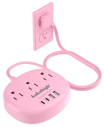 Pink Extension Cord with Surge Protected 1080J - 5 FT Kawaii Power Strip, 1625W Cute Extension Cord with 3 AC Outlet 4 USB (24W/4.8A), Compact for Cute Pink Kawaii Desk Home Essentials