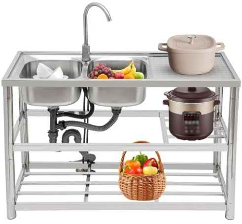 120x45x80cm Doppel Spülbecken Edelstahl-Spülbecken mit Wasserhahn und Ablageflächen, Freistehende Spültisch Komplettes Set, für Garage, Küche, Waschküche