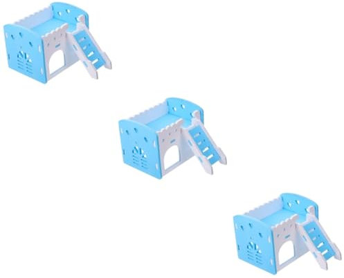 EUTYRG Meerschweinchenhaus mit Rampe, doppellagig, Versteck für Kleintiere, Spielhütte, Villa, Haus (blau x 3 Stück, 14 x 11 x 11 cm)