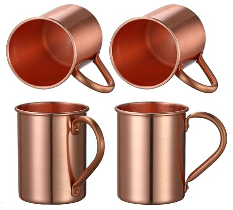Cocktail Geek Pure Copper Moscow Mule Mugs, Set of 4, Handmade, Straight Smooth Finish, Riveted Handle