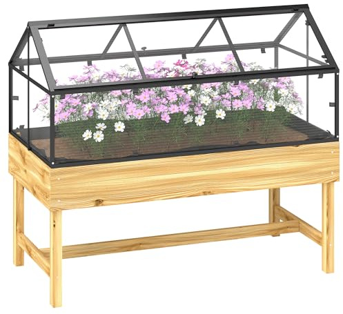 Outsunny Raised Garden Bed with Cold Frame Greenhouse, Natural | 120 x 60 x 103cm, Elevated Wood Planter Box, Polycarbonate Panel, Top Vent, for Vegetables, Flowers, Herbs