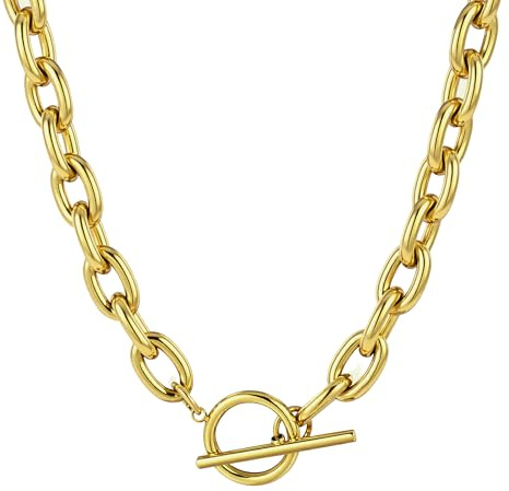 TEN MIRO 18k Gold Layered Chunky Paperclip Chain Necklace Non Tarnish Toggle Clasp Necklace Stacks Cuban Link Chain Necklace Dainty Gold Paper Clip Necklace Layering Toggle Necklaces for Women