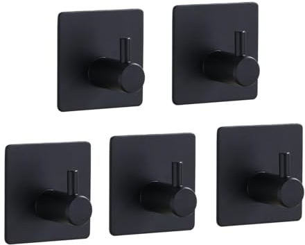 TECBULL® 5 Edelstahl Klebehaken massiv V1 - Schwarz (matt), Handtuchhaken Bad selbstklebend, Handtuchhalter ohne Bohren, hochwertige Handtuch Haken, Wandhaken, rostbeständig