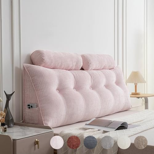 Rückenkissen Bett 200 cm Rosa, Cord Bettkissen Rückenlehne mit Nackenrolle, Große Keil Kopfteil Kissen, Dreieckiges Rückenpolster für die Wand, Waschbar Rückenlehnenpolster Bett Rückenstützkissen