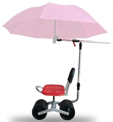 Vexorium Chariot de jardin à roulettes réglable, chariot de jardinage extérieur avec porte-parapluie, siège pivotant réglable en hauteur pour désherbage, plantation