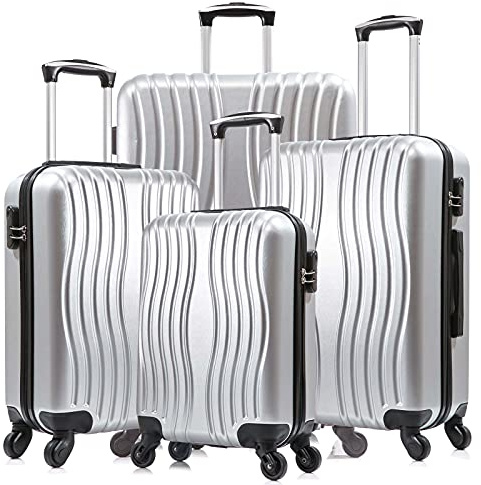 Apelila 4 Piece Luggage Sets for Travel, Hardshell Suitcase with Spinner Wheels (18/20/24/28 Inch), Lightweight Carry On & Checked Luggage for Family Vacation (Sliver-Wave)