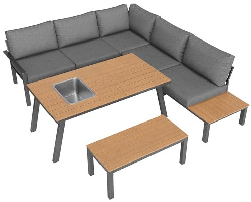 infirack Trädgårdsloungeset för 6–7 personer, lämplig för trädgård, balkong, terrass, väderbeständig sittgrupp, matgrupp, modernt trädgårdsmöbelset, galvaniserat järn, bordsskiva med ishink