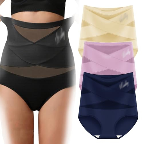 Wryhaul Calzoncillos de Cintura Alta Cruzados de Malla de Contraste con Estampado de Letras para Mujer, Ropa Interior Moldeadora, Bragas Transpirables Suaves con Control de Barriga (3PCS-C,XL)