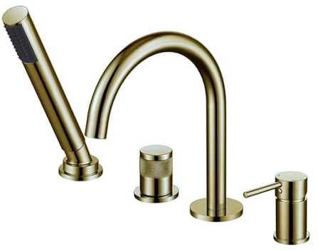 XJTNLB 4Loch Wannenarmatur Schwanenhals Auslauf Mischbatterie Badewanne Gold Gebürstet mit Brause