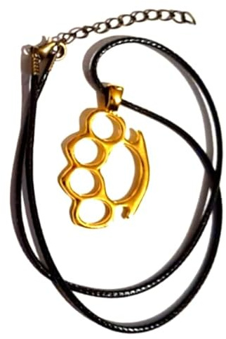 Gold Plated Stainless Steel Knuckle Duster (45mm x 28mm) on an Adjustable Waxed Cord Necklace 45-50 cm in a Velvet Gift Bag