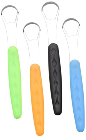 DEARMAMY Set 4 Pezzi Puliscilingua in Acciaio Inossidabile Medico, Raschietto e Spazzola Lingua Per Adulti, Superficie Liscia Non Abrasiva, Igiene Orale e Alito Fresco, Adatto a Uomini e Donne