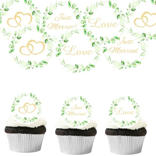 ENLACE Just Married Tortendeko Hochzeit Essbar,48 Just Married Cupcake Deko | Essbare Hochzeit Muffin Deko, Herz Kuchen Deko Hochzeitstorte, Esspapier Tortendeko Hochzeitsfeier für Antrag, Verlobung