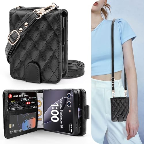 OCASE Étui Portefeuille pour Samsung Galaxy Z Flip 7, 3 Compartiments Cartes, 2 Lanière Amovibles Réglables, Protection RFID Housse, Flip PU Cuir Coque pour Galaxy Z Flip 7 - Noir