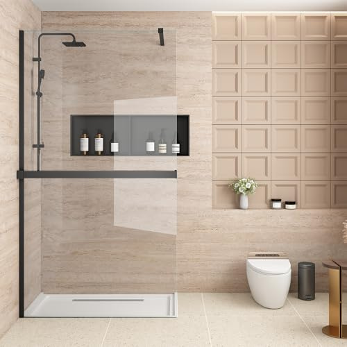 Bathlink Duschwand für Dusche, 8mm ESG-Sicherheitsglas Klarglas, Duschabtrennung 100x200 cm, Walk-In Dusche Duschkabine mit Regalen, schwarz