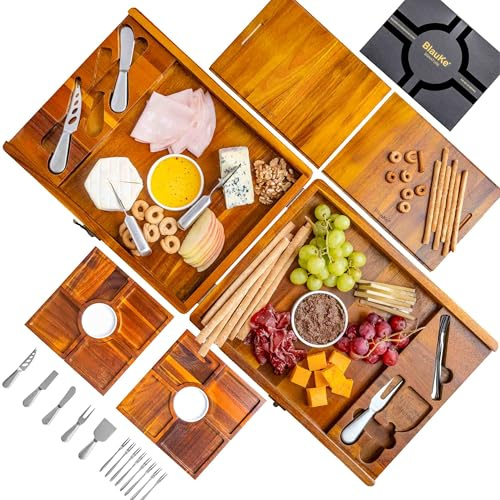 Ostbräda med ostkniv set för stora grupper – akaciaträserveringsbräda, en uppgradering av bambu Charcuterie Boards och ostbrädor – serveringsfat trä osttallrik, frukostbräda – presentidé