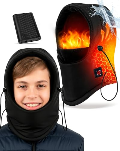 Heated Sherpa Balaclava Thermal Gear for Kids Youth 8-12 boys Girls Electric Neck Gaiter Face Mask Rechargeable for Ski Motorcycle Hunting snowboarding Winter Cold Weather Accessories Accesorios Black