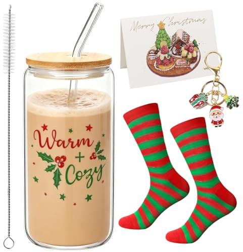 Weihnachtsgläser,500ml Weihnachtstassen Weihnachten Trinkgläser mit Deckel und Strohhalm Glasbecher mit Schlüsselanhänger Socken Weihnachtsgeschenke Weihnachtsglas für kaffee Tea Saft Bier Cocktails