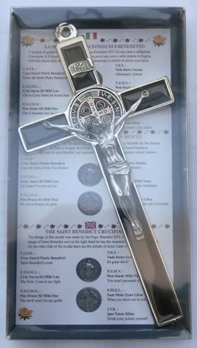 Generico 10.004.11 Nero Croce di San Benedetto 20 Cm Smaltata marrone argento Con Scatola Regalo Box Preghiera Esorcismo Prete Sacerdote Chiesa Suora