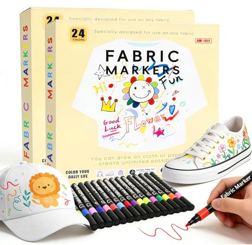 Qibivfo 48 Textilstifte Waschmaschinenfest, Waschfeste und Permanente Stoff Textilfarbe für T-Shirts Stofftaschen Textilien Leinwand Schuhe Hüte, Textilmarker für Kinder & Erwachsene (24 x 2er Set)