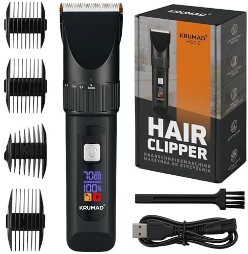 KRUMAD Tagliacapelli professionale con display LCD, 4 velocità (5500-7000 giri/min), lama in ceramica, 4 attacchi e ricarica USB, silenzioso, preciso, ricaricabile