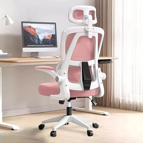 XUEGW Ergonomisk Kontorsstol - Rosa | Justerbar Kontorsstol med Högt Ryggstöd i Nät,Ländstöd,Uppfällbara Armstöd | För Hemmakontor,Spelande,Studier