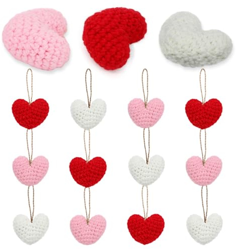 12pcs Crochet Heart Ornaments, Handmade Knitted Heart Decorations with String, Red Pink White Yarn Hearts for Valentines Wedding Anniversary Romantic Party Christmas Tree Home House Decor