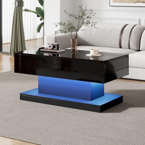 OKMYHOME Table Basse Relevable Hydraulique LED, Noire, 100 × 50 cm