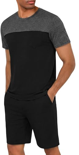 Uniexcosm Mens Pyjamas Set Short Sleeve Summer Pyjamas for Men Soft Nightwear Pjs Crew Neck T-shirt and Elastic Waist Shorts plaid with Pockets Loungewear