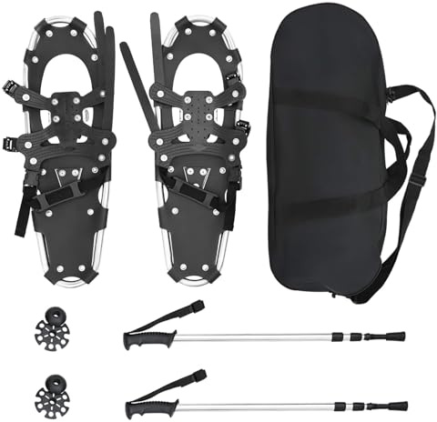 vidaXL 3 I 1 snöskor med vandringsstavar Silver och svart 25 tum, Aluminiumbaserade snöskor, längdjusterbara, rutschfri design, perfekt för vinteräventyr och snöskovling