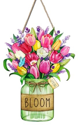 VARACL Decoraciones de primavera de madera, coronas de puerta de primavera de tulipanes para puerta delantera, porche, ventana, decoración para colgar en la pared, decoración floral de bienvenida para