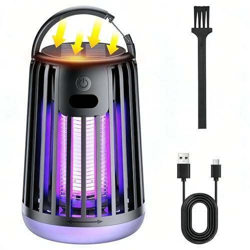 Eliminador de insectos de 2000 V, matamoscas eléctrico con cepillo de limpieza, cable de carga USB, mata insectos solar y USB de doble carga, modo de doble función, lámpara mata mosquitos para