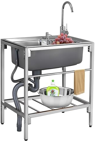 Garvee Évier utilitaire professionnel en acier inoxydable – 1 bac 24x20x41 cm avec robinet, cadre de base, étagère, pieds réglables – Pour cuisine, buanderie, garage, restaurant – Facile à nettoyer