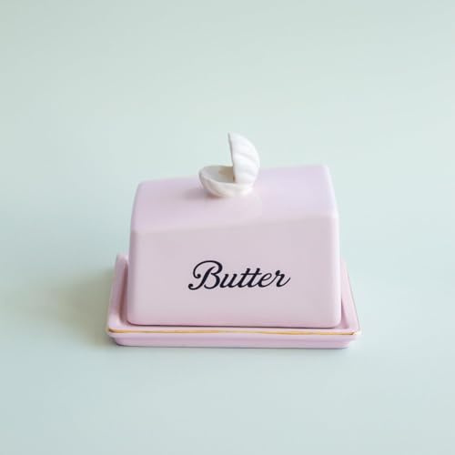Yvonne Ellen Shell Ceramic Butter Dish with Lid | Ceramic Butter Dish, Small Porcelain Butter Container, Pink Butter Dish with Lid, Airtight Butter Dishes | 15cm x 11cm x 11cm
