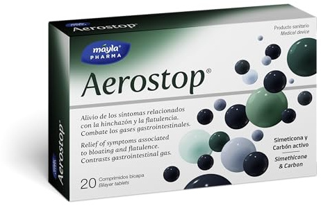 Aerostop Alivio síntomas Hinchazón Abdominal y Flatulencia, Combate Gases Gastrointestinales y Previene Aparición, Formato Bicapa, Simeticona 50mg + Carbón Activo 300mg, Producto Sanitario, 20 compr.