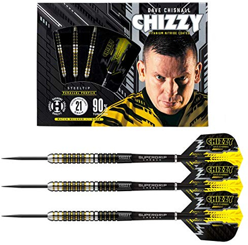 Harrows Dave 'Chizzy' Chisnall 90% Tungsten 21g Steel Tip Darts-Set mit Quick Point Change System – inklusive Supergrip Carbon Schäfte & Chizzy Flights