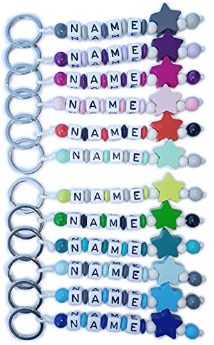 Schlüsselanhänger mit Namen Gravur beschriftbar | Baby Kind Kindergartentasche Schultasche Rucksack Schlüsselring mit Name Namensanhänger | STERN FARBMIX