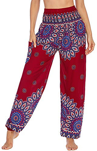 Nuofengkudu Dam Hippie Baggy Thai Yogabyxor med fickor elastisk hög midja Genie Harem-byxor aladin sommar strand