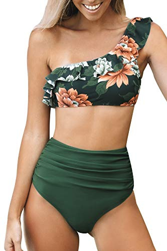 CUPSHE Bikini Set Vita Alta Increspatura Una Spalla Costume da Bagno di Due Pezzi, L