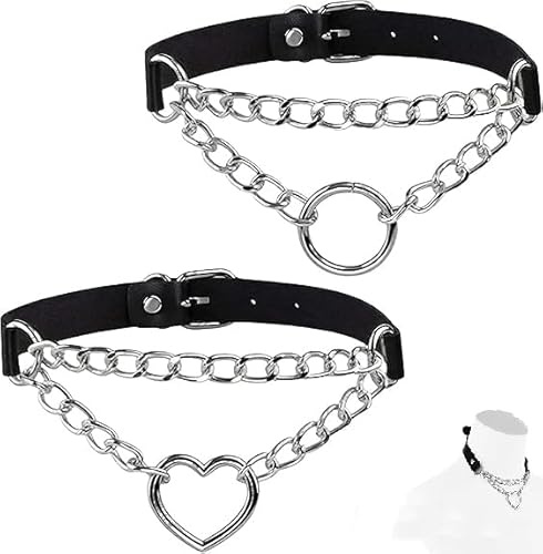 Lushly Aatpuss 2 Pièces Collier Punk Noir Tour de Cou, Collier Ras du Cou en Cuir Noir Réglable Pour Femmes, Cœur Rock 'n' Roll en Cuir pour Fêtards