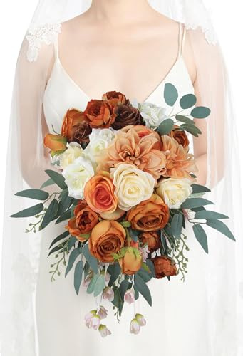 Rinlong 30 cm großer Blumenstrauß in Rusitc Burnt Orange Cascade Bouquet Herbst Hochzeit Blumensträuße für Braut kaskadierende Hochzeit Blumenstrauß aus Blumen Tropfenform Brautstrauß Hochzeit